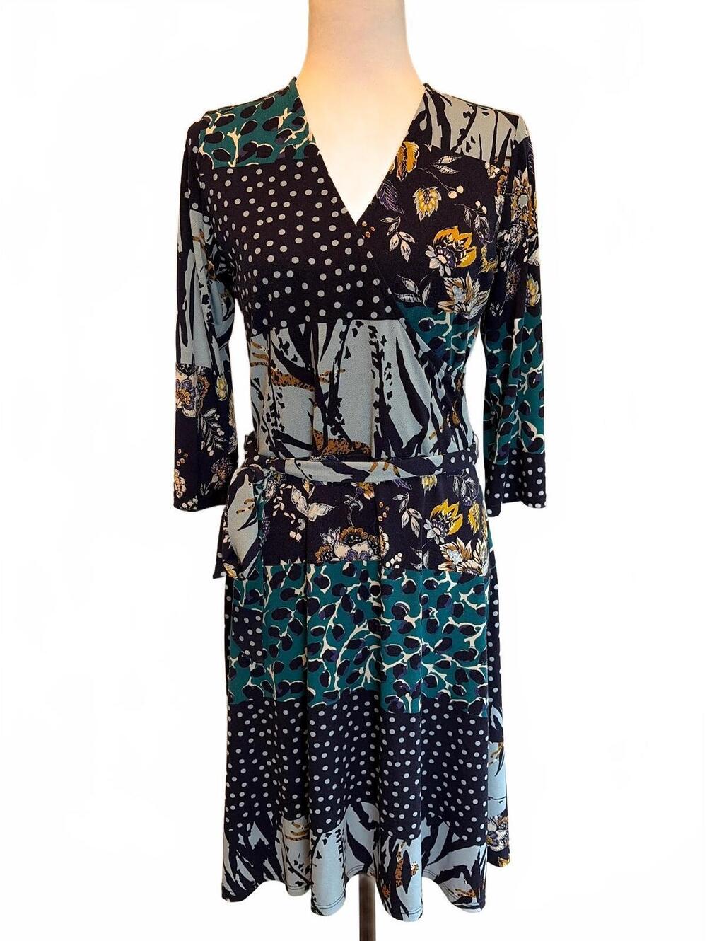 Patchwork Mixed Print Wrap Dress M Whimsigoth Mod Boho Chic Retro Resort Artsy